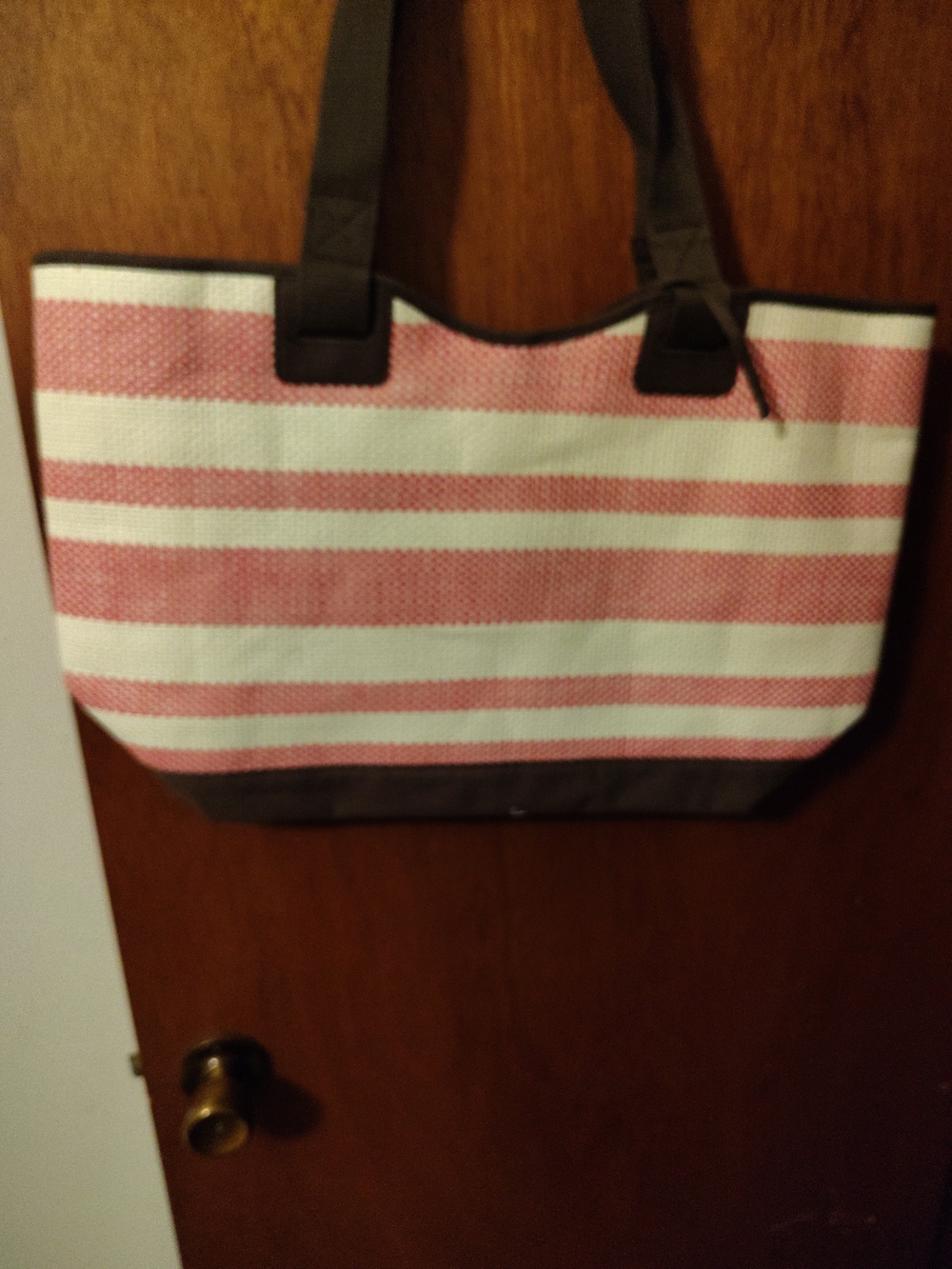 thirty-one Red  and White Striped Tote with Brown Trim
